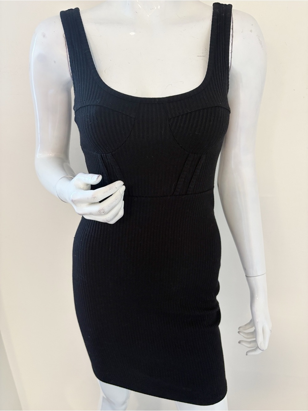 Guess Black Ribbed Fitted Mini Tank Dress w Bustier Corset Style Seams at Chest